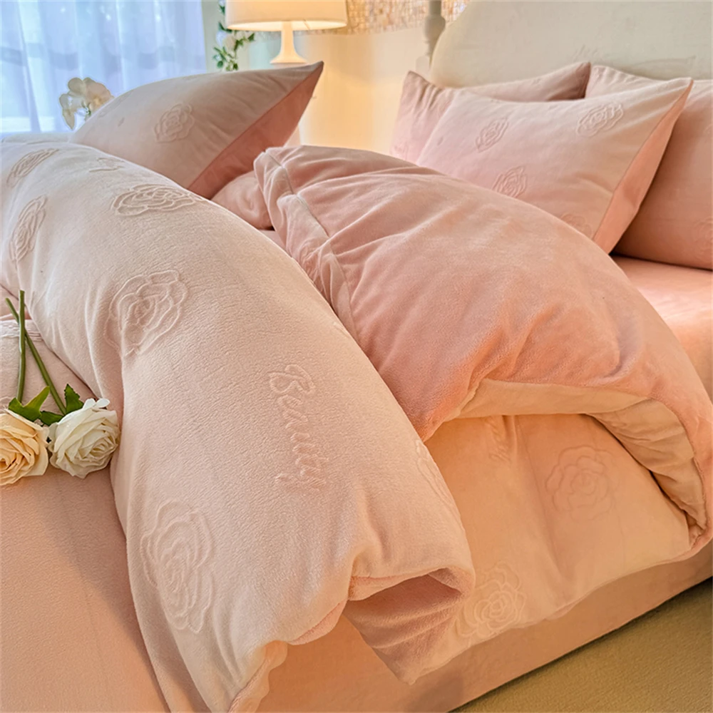 Flower Carved Milk Velvet Four-Piece Sets Winter Warm Thickened Duvet Cover Pillowcase Bed Sheet Soft Coral Fleece Bedding Set