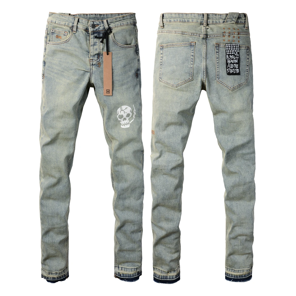 Neue Amerikanische High Street KSUBI Kreuz Gestickte Jeans Waschen Retro Schädel Druck Jeans Männer Stretch Dünne Hip Hop Streetwear