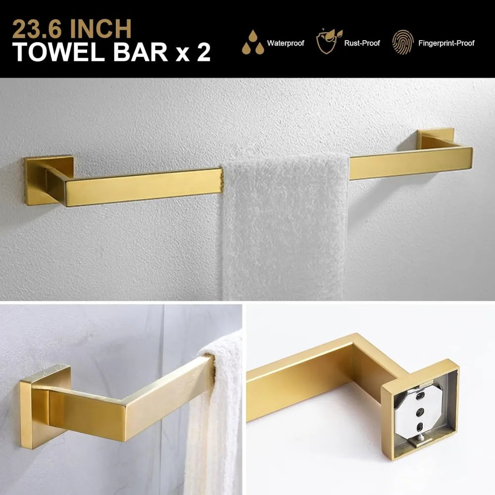 Gold Wall Mounted Towel Bar Set, 5-Piece Bathroom Hardware Collection with Towel Rack and Holder