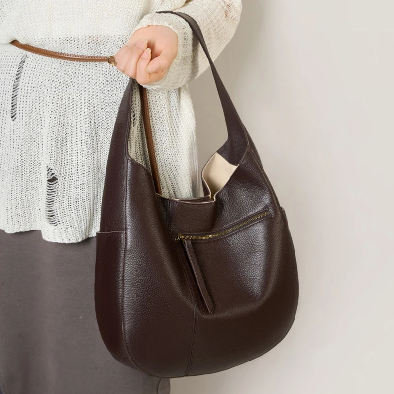 

Large Capacity Genuine Leather Tote Crescent Bag Lady Daily Using Handbag for Women Commuting Single Shoulder Underarm Bags