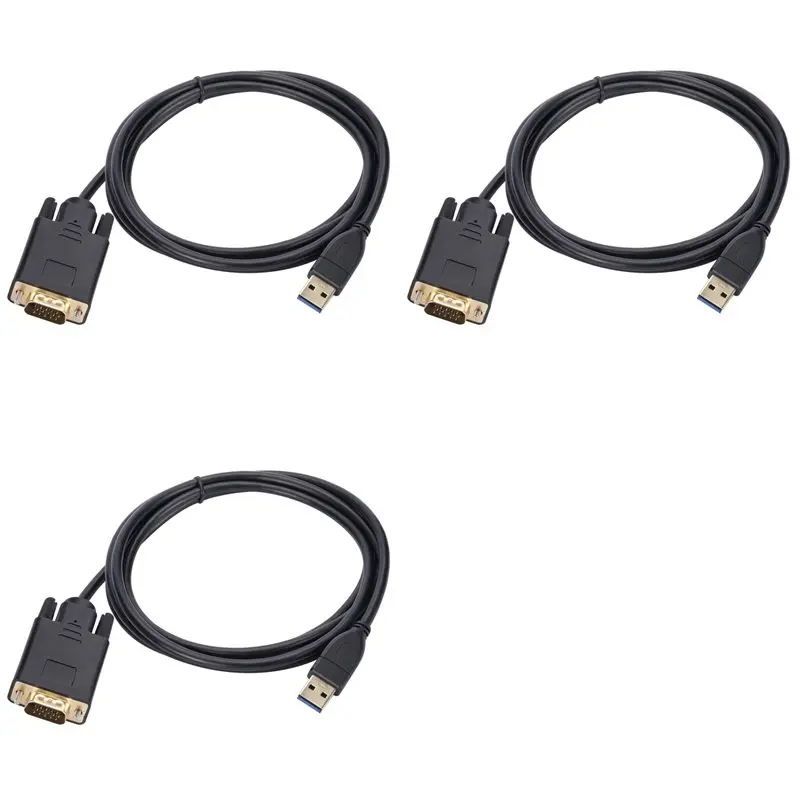 Exquisite-3Pcs 1.8M USB 3.0 To VGA Cable 1080P USB3.0 Male To VGA Male Converter Adapter Cable