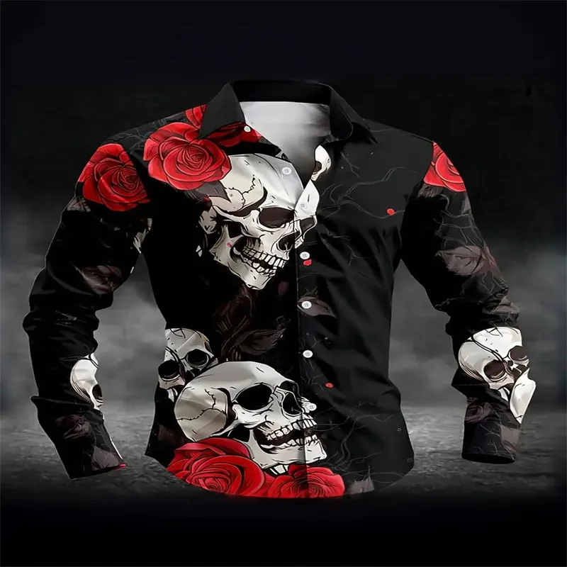 Men's 3D Skull and Rose Printed Long Sleeve Shirt - Casual, Suitable for Weekend Casual Wear, Autumn/Winter, Halloween