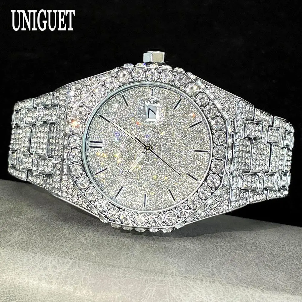 

UNIGUET Fashion Iced Out Watch Mens Luxury Waterproof Quartz Watch For Man Hip Hop High Quality Big Diamond Wristwatch Hot Sale