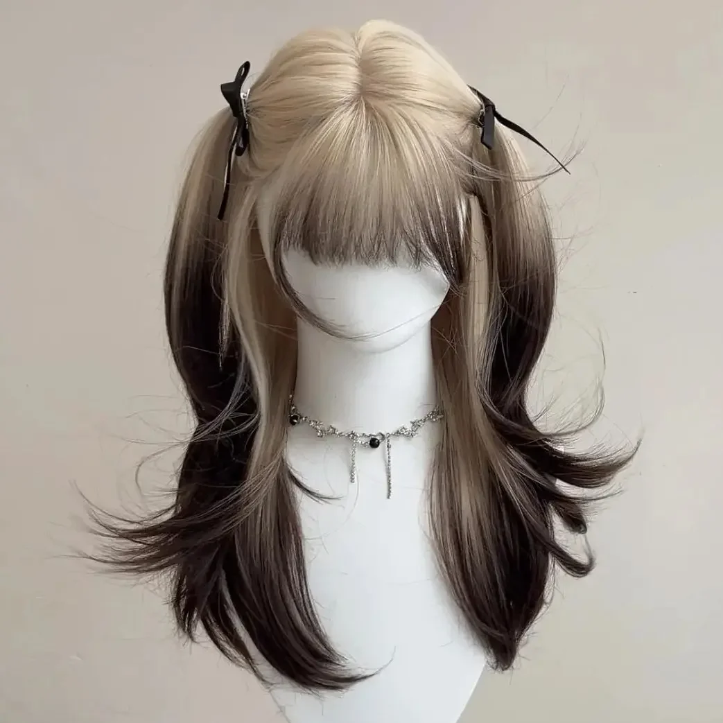 Layered Ombre Blonde Black Synthetic Long Straight Wig Ladies Fluffy Cosplay Wig with Bangs Lolita Daily Party