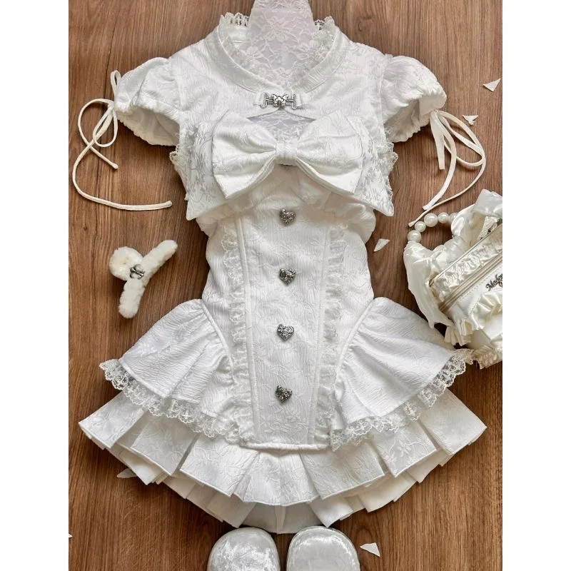 

Милые милые девушки в балетном стиле, пуговицы в форме сердца, ажурные топы с большим бантом и пузырьками, плиссированные юбки, комплекты Kawaii Lolita, комплекты из 2 предметов