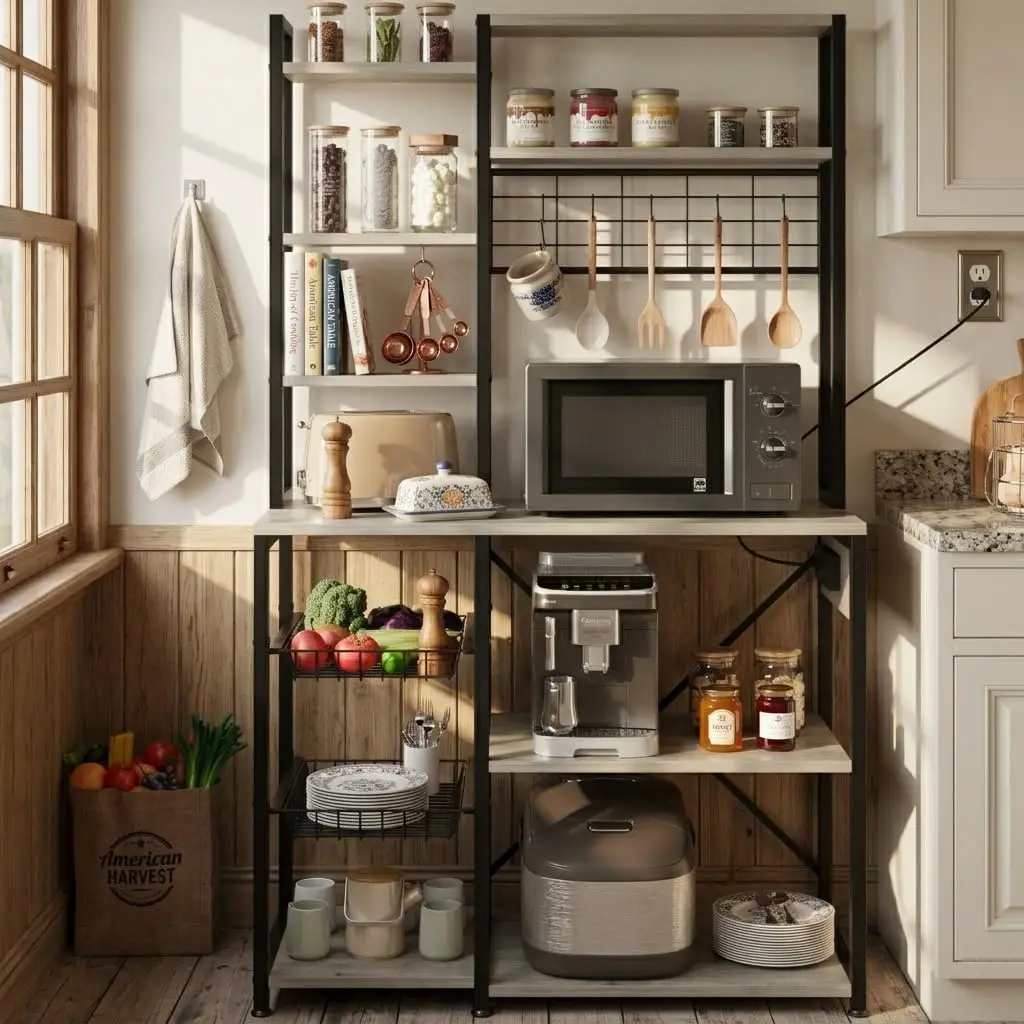 6-Tier Bakers Rack with Built-in Power Outlets, Microwave Stand with Wire Basket, Coffee Bar Station with 4 s-Hooks, Open Kitche