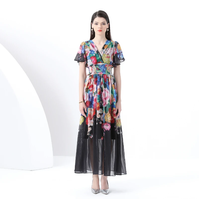 Abito lungo stampato retrò da donna 2025 Primavera Estate Vintage scollo a V, abito lungo svasato elastico smock con maniche a lanterna