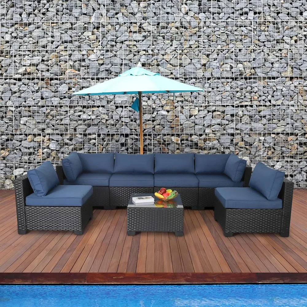 

7 Piece Outdoor PE Wicker Furniture Set, Patio Black Rattan Sectional Sofa Couch with Washable Navy Blue Cushion Patio Furniture