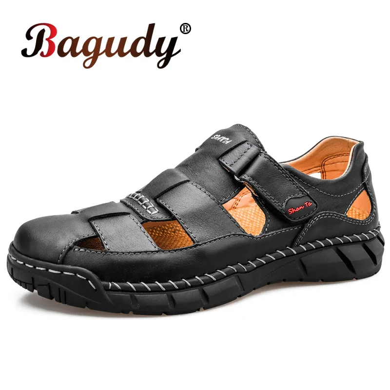 Sandalias de piel auténtica para hombre, zapatillas de playa transpirables, cómodas, informales, para exteriores, para verano