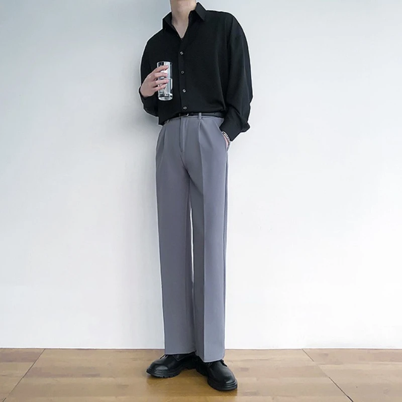 Men's Korean Drape Smooth Straight Wide Leg Pants Brown Floor-Length Casual Trousers