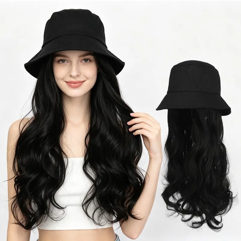 Women's Bucket cap with integrated wig long curly hair big waves natural full-head cover style Solid color woman basin hats