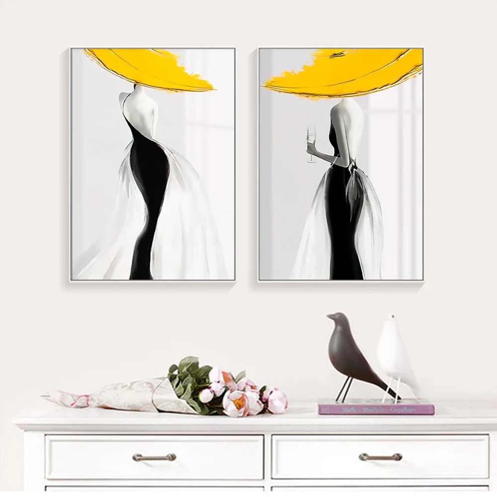 Modern Sexy Woman Yellow Hat Canvas Painting Abstract Nordic Luxury Artwork Posters Prints Living Room Wall Aesthetic Home Decor