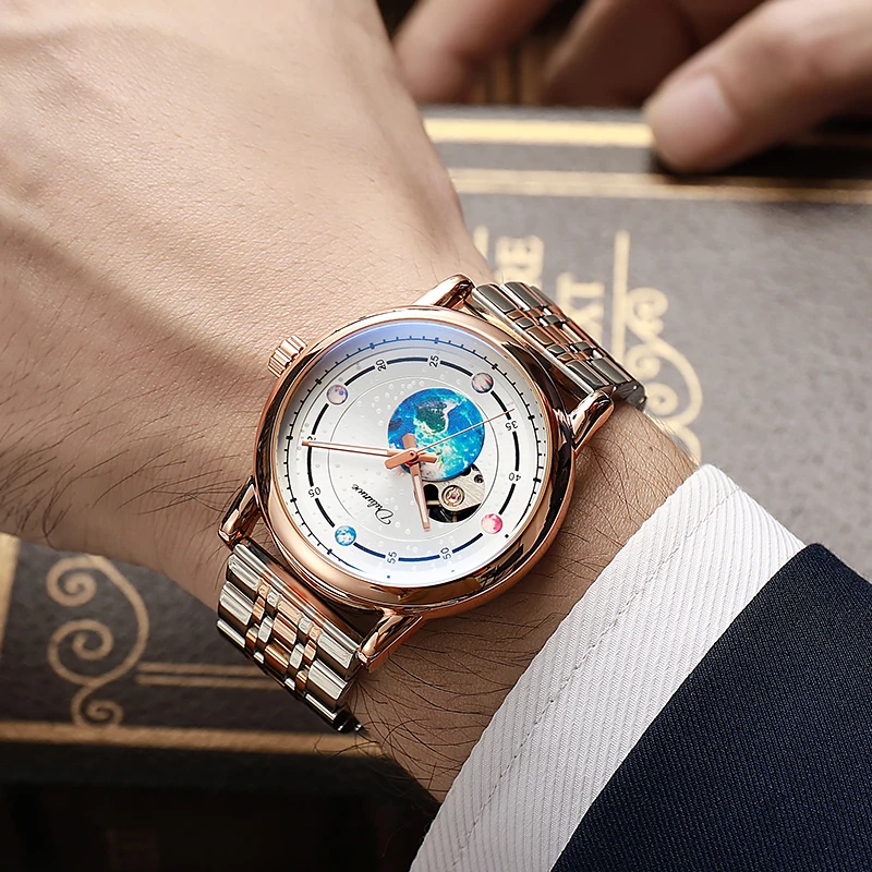 Dulunwe Transparent Fashion Case Luxury Casual Design Leather Strap Mens Watches Top Brand Luxury Mechanical Skeleton Watch