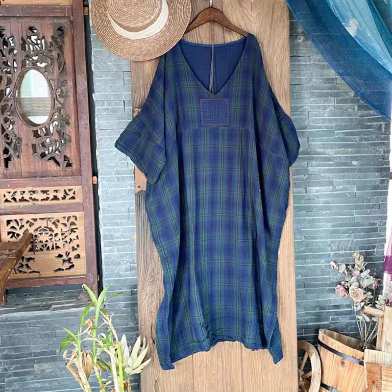 Oversized Women Casual Linen Dress New Arrival 2026 Summer Vintage Style V-neck Plaid Pattern Loose Female Long Dresses M2643