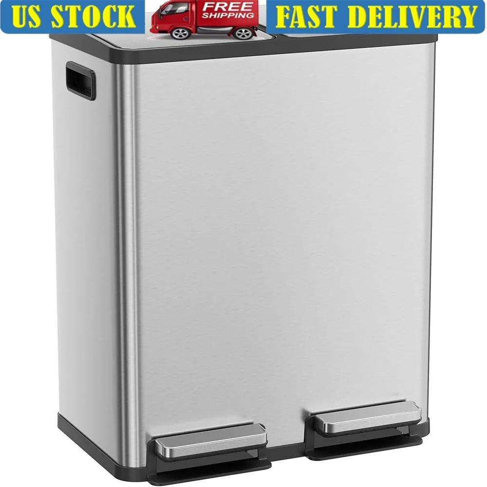 

16 Gallon Kitchen Trash Can Dual Compartment Garbage Bin with Soft Close Pedal Removable Inner Bins Odor Control Quiet Operation