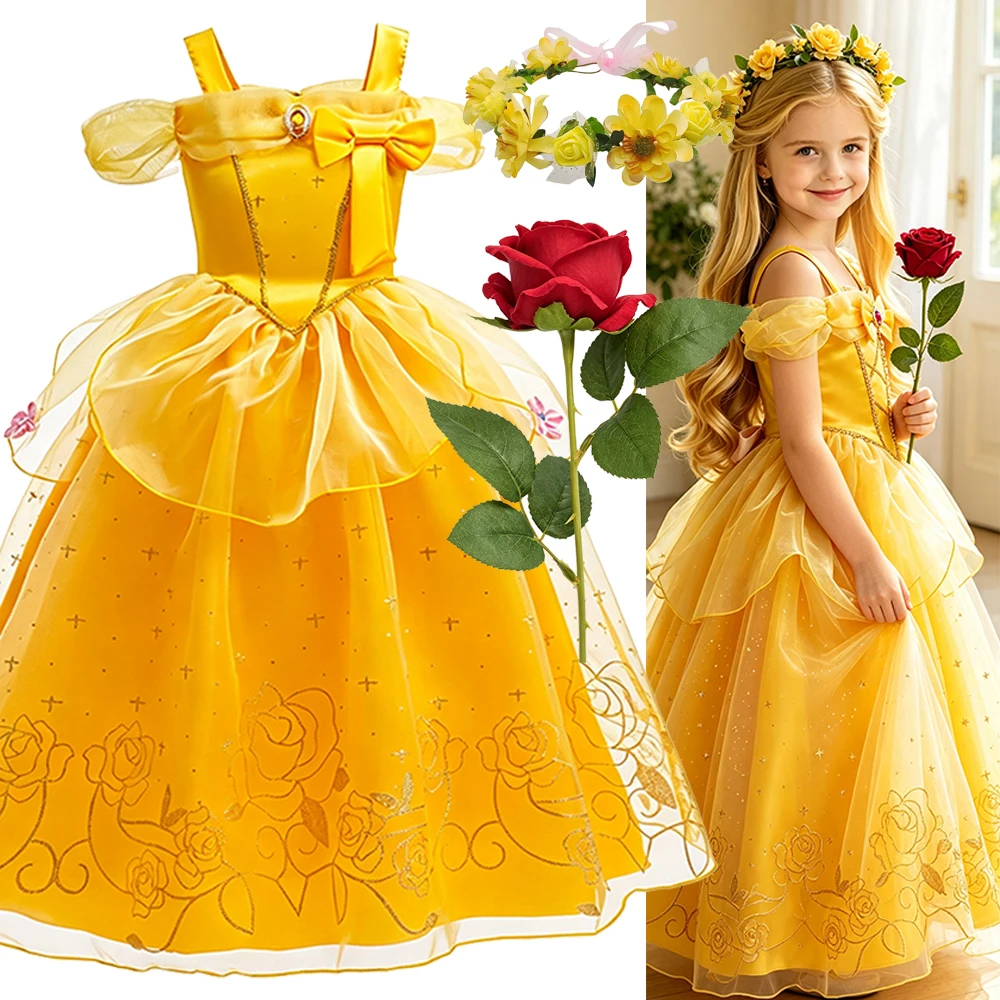 Yellow Princess Dress for Girls Halloween Cosplay Costumes Summer Short Sleeve Birthday Party Clothes Fairy Tale Costume Girl
