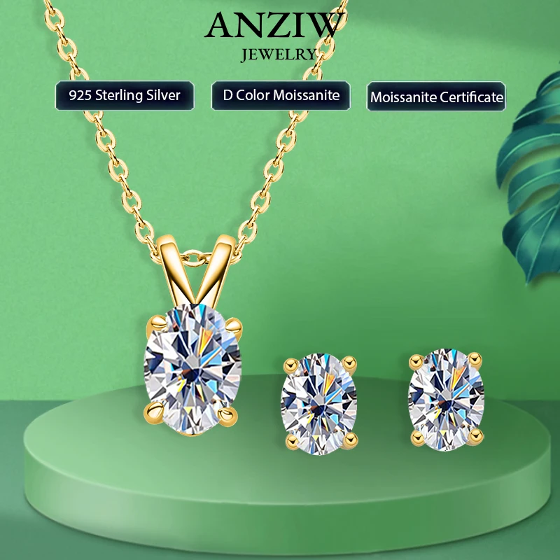 

Anziw 2,0 cttw овальной огранки, сертифицированные комплекты ювелирных изделий из муассанита D-E Lab, ожерелье с бриллиантовой подвеской и серьги-гвоздики для женщин, серебро 925 пробы