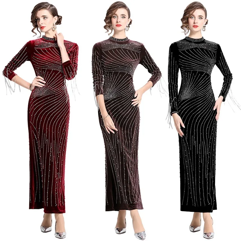 New High-end Dress Autumn/Winter Party Wedding Sexy Fashion Hot Diamond Nail Bead Heavy Industry Dress Dress Muslim Robe