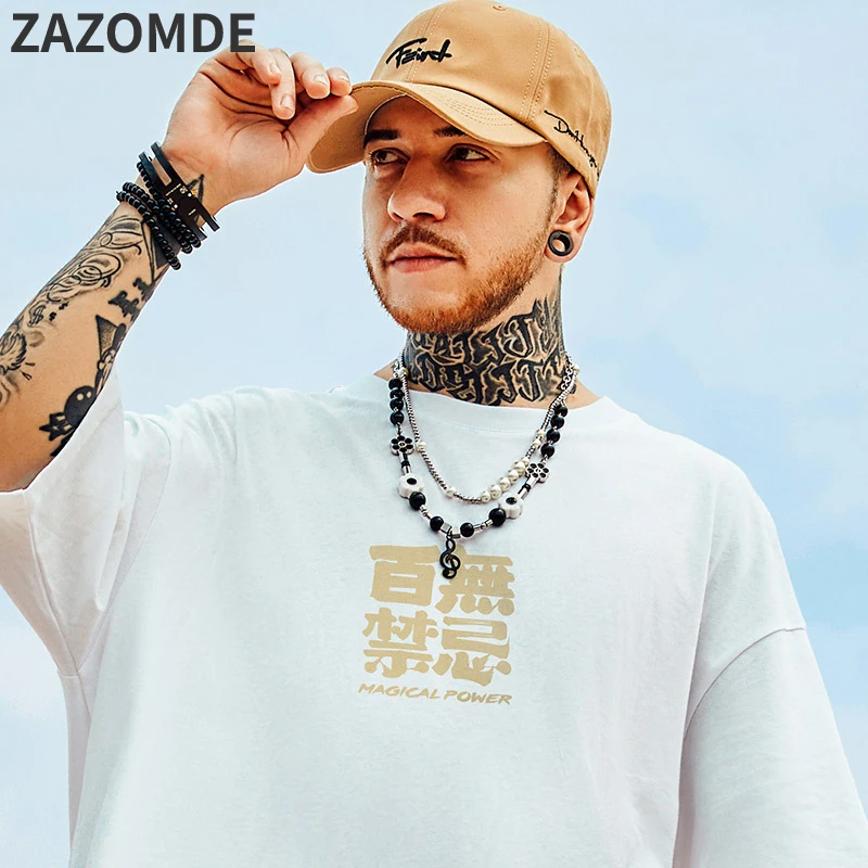 ZAZOMDE Men Streetwear Chinese Character Tshirt Graphic T-Shirt Cotton 2023 Harajuku T Shirt Summer Hip Hop Tops Tees Men