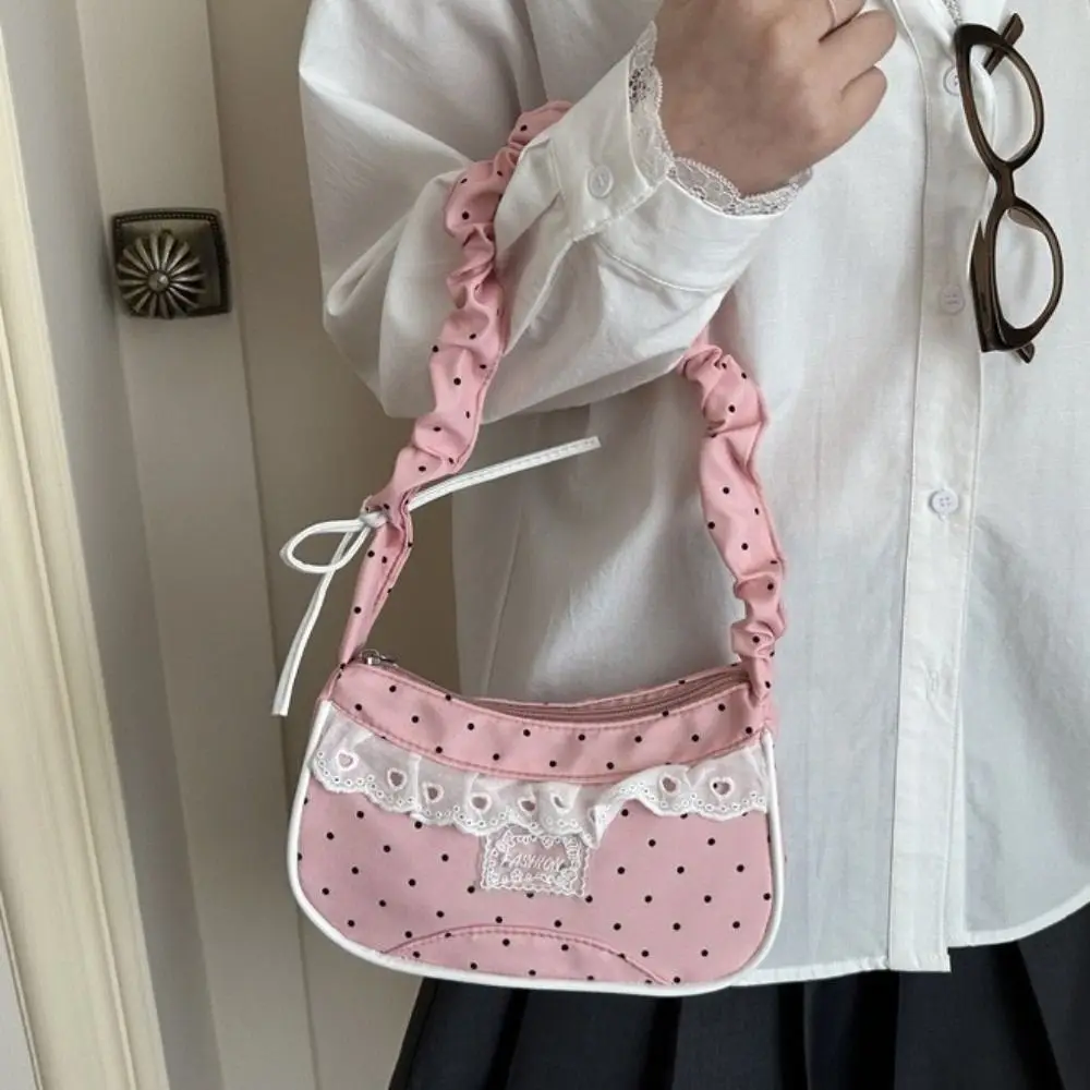 Lace Polka Dot Shoulder Bag Drawstring Large Capacity Pleated Underarm Bag Zipper Closure Multi-Color French Stick Handbag Daily