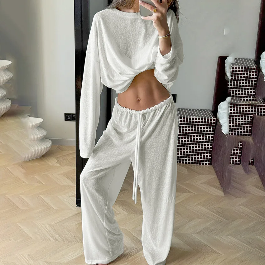 

Однотонный женский домашний комплект с длинными рукавами и шнурком, вязаный спортивный костюм и полосатые длинные брюки, комплект из двух предметов для отдыха