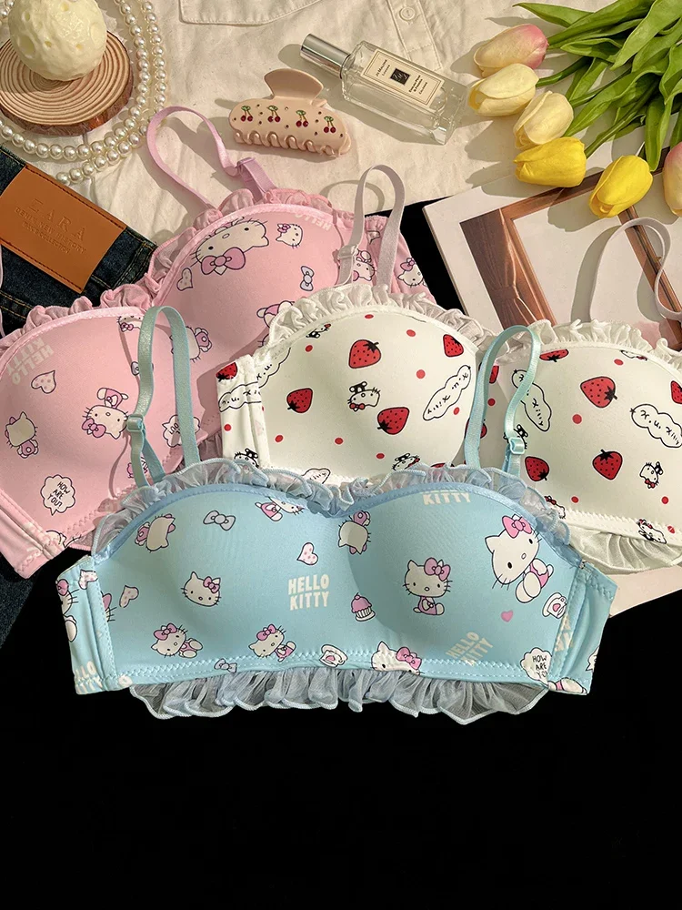 Sanrios Hellokittys Teenage Anime Kawaii Cute Underwear Women Small Breast Gathering Summer Thin Non-Slip Strapless Bandeau Bra