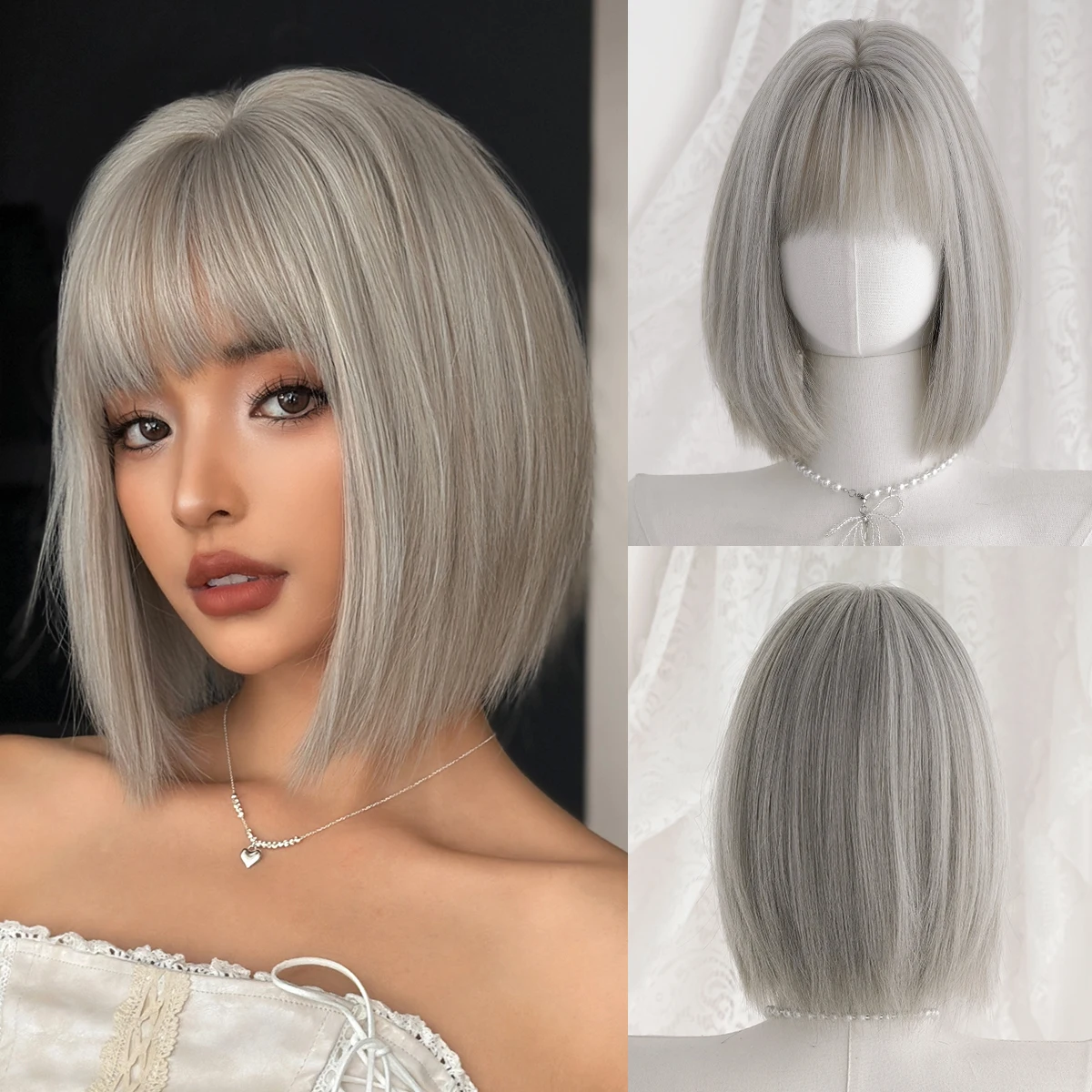 7JHH WIGS Kurze, glatte, aschbeige Perücke für Damen, synthetische, geschichtete, dezente Modeperücke zum sofortigen Tragen, graue Bob-Perücke mit ordentlichem Pony