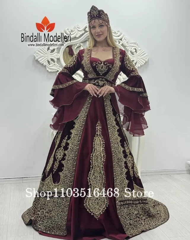 Maßgeschneiderter Kastanienbrauner Samt-Bindalli-Kaftan Luxuriöses Goldperlen-Verziertes Glockenärmel Muslimisches Hochzeits-Henna-Party Formelles Kleid 2026