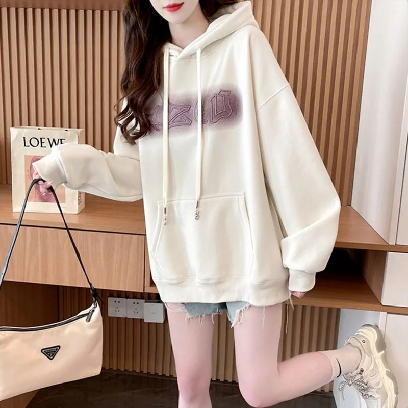 

Женская новинка 2025 года, бархатная и утолщенная толстовка с капюшоном, свободное пальто средней длины в американском стиле на осень и зиму