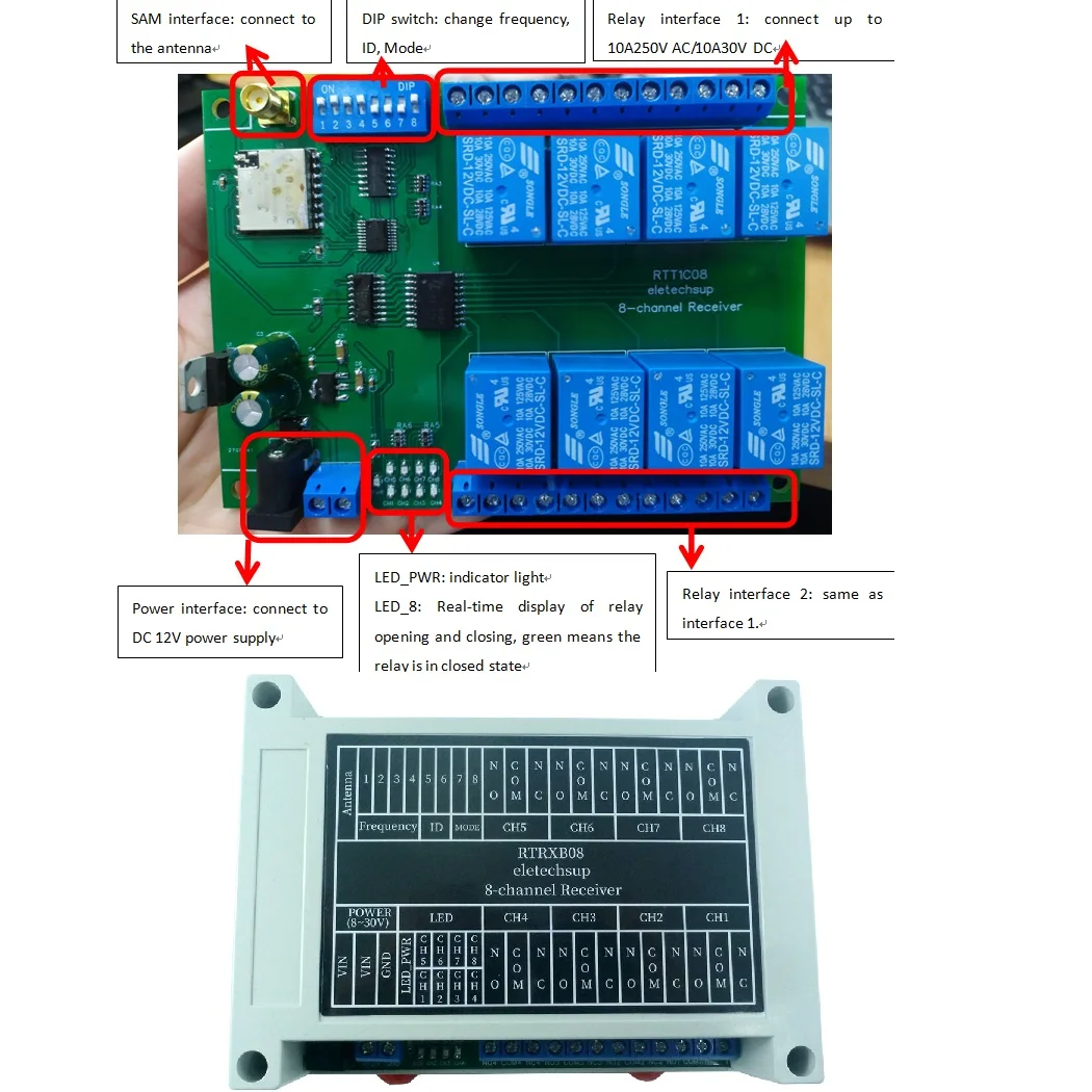 8チャネルdc 12v 433メートルフィードバックリモコンloraリレーswicthモジュールRTTXA08 RTRXB08キット