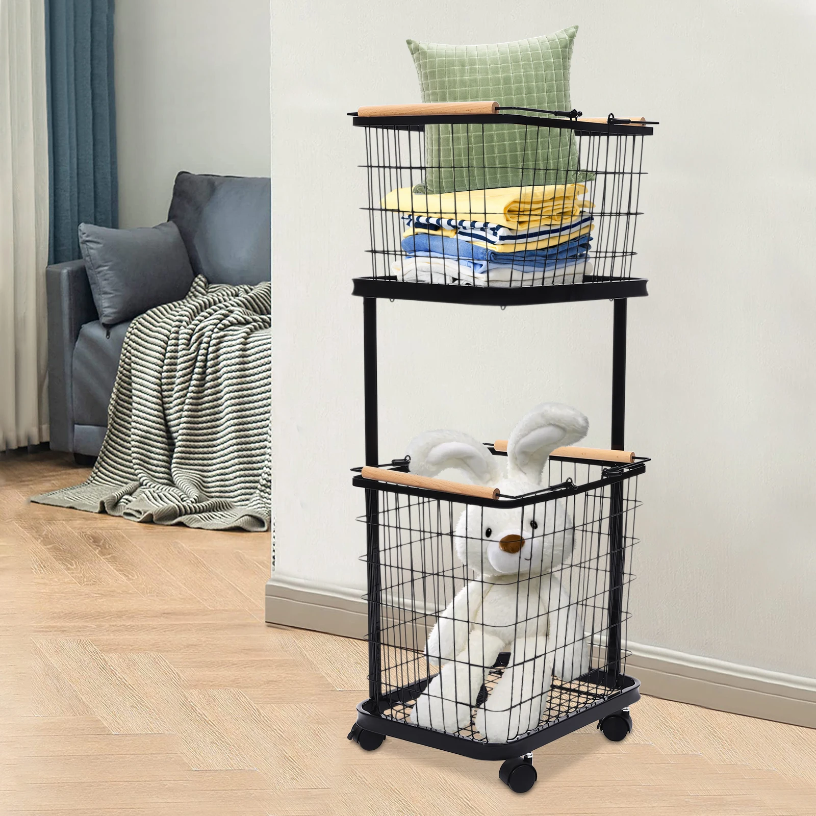 2 Tier Laundry Basket Floor Mount Metal Laundry Basket with Wheels Versatile Applications Dirty Clothes Storage