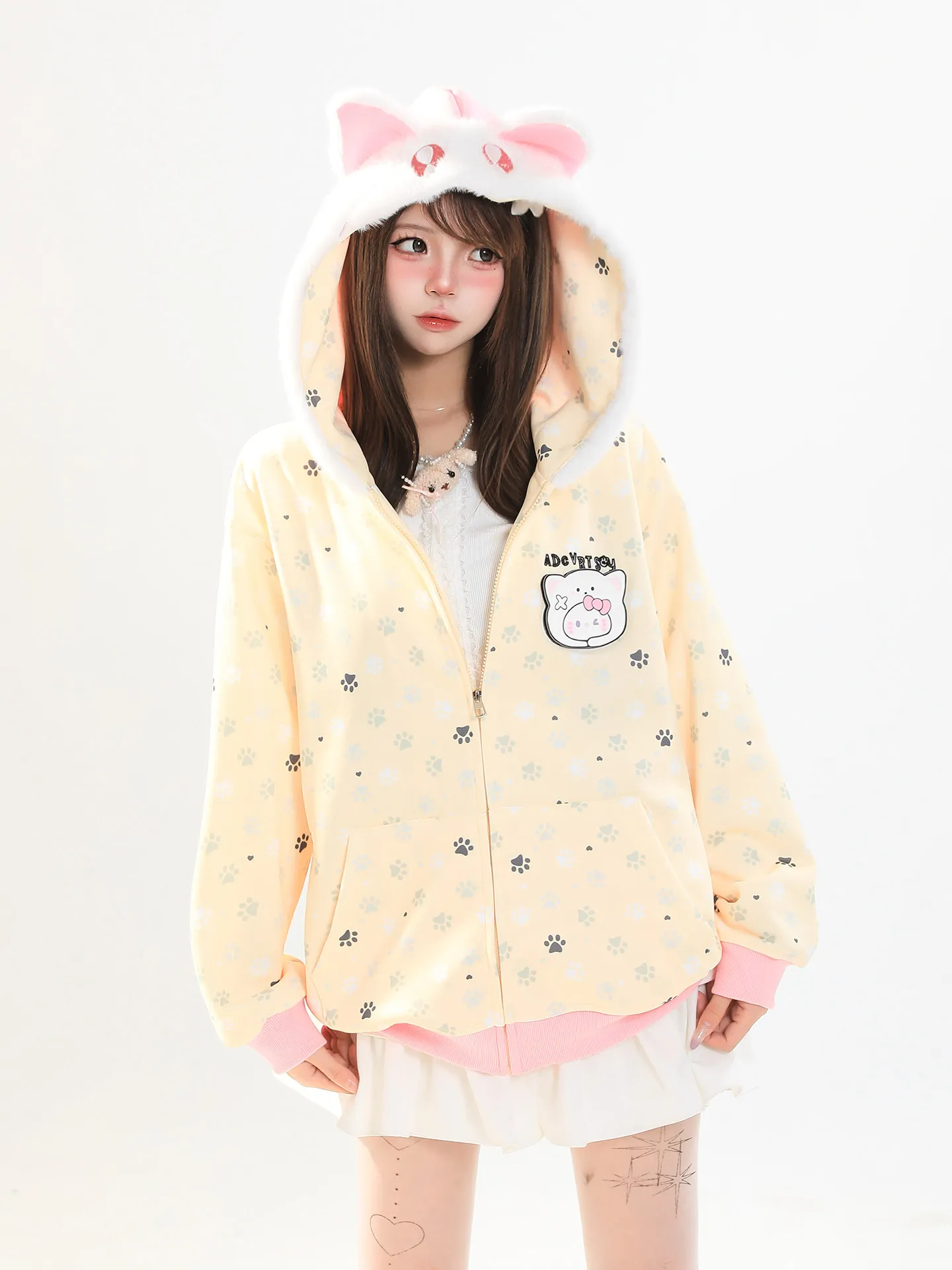Cute  Ear Hoodie Women's Loose Fit Spring Lazy Design Slimming Cardigan Outerwear Sweet Style Long Sleeve Zipper Closure