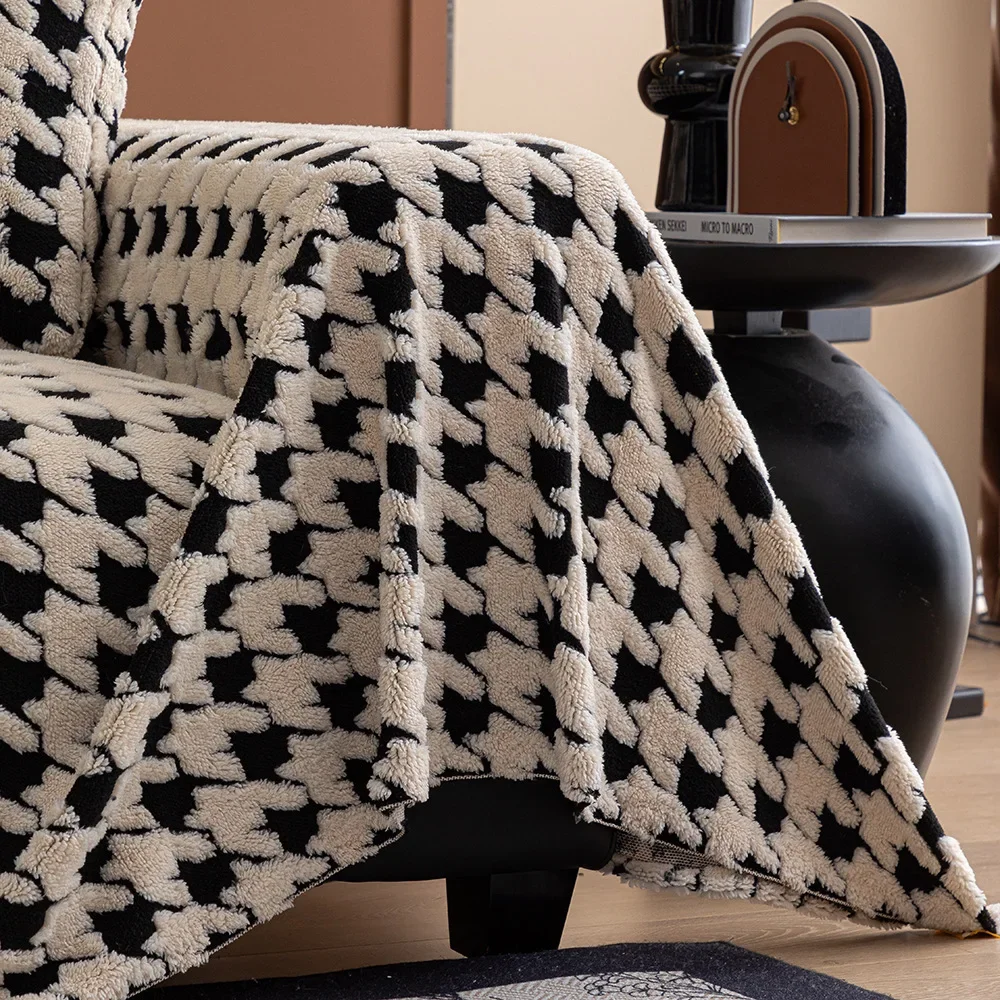 EIFLOY-Houndstooth Plush Sofa Cover, Anti Slip, Blanket, 3 Seat, Thick Corner Couch Slipcover, Velvet Furniture Protector, Soft