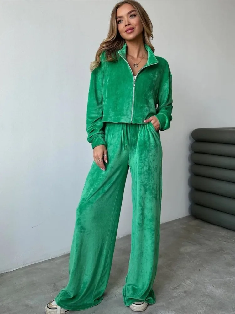 Autumn Winter Solid Velvet Two Piece Sets Women Outfits Tracksuit Zipper Long Sleeve Sweatshirts Top Wide Leg Pants Casual Suit