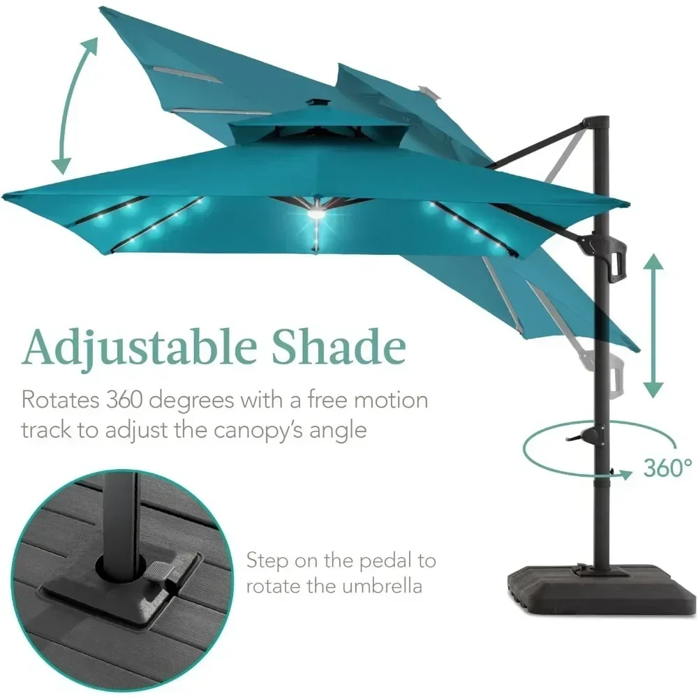 10x10ft Double-layer Square Umbrella with Solar LED Lights, Backyard Offset Suspension Outdoor Sunshade, 360 Degree Rotation