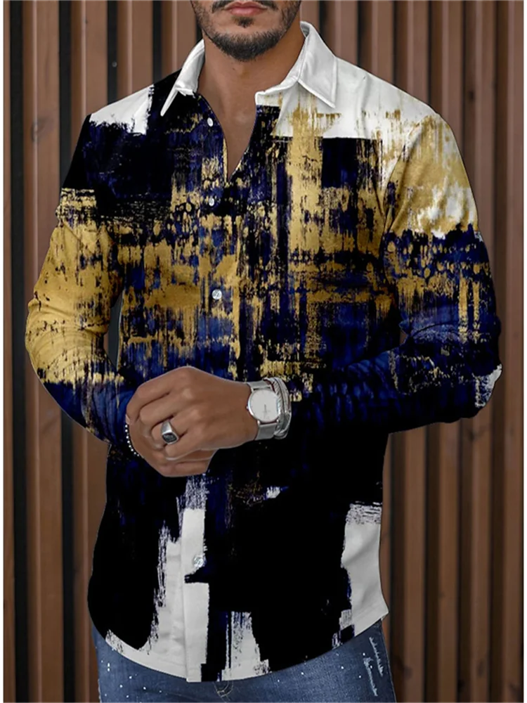 2023 Spring Summer Fashion Men's Long Sleeve Lapel Button Map Casual Daily High Quality Soft Fabric Western Men Plus Size 6XL
