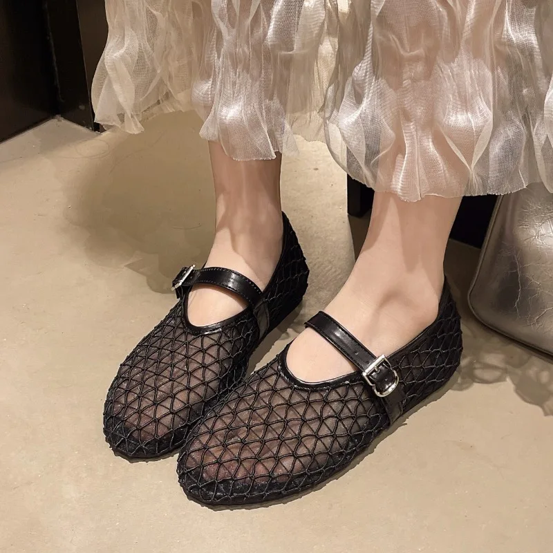 Women's Mesh Mary Jane Flats Ladies Summer Breathable Hollow Out Fishnet Ballet Shoes Buckle Strap Lightweight Casual Sandals