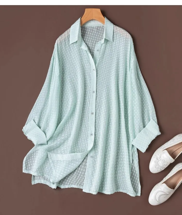 Birdtree 100% Silk Oversize Shirt, Women Sun-Protective Semi Perspective Single Breasted Loose Blouse, 2026 New T58105JF
