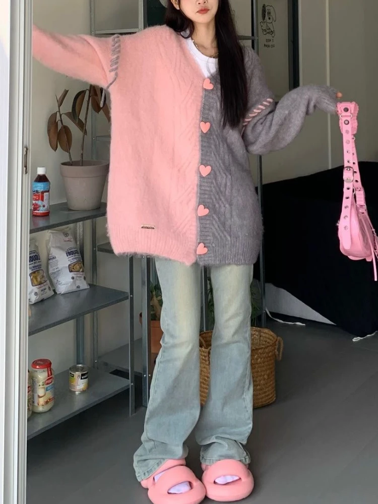 Cardigan lungo da donna con pannelli Kawaii abiti invernali estetica Harajuku maglia ragazza temperamento morbido maglione stile pigro quotidiano