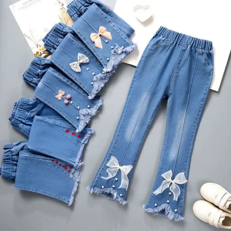 2024 New Style Medium and Large Children's Korean Version Girls' Bell Bottoms Children's Pants Girls' Jeans Spring and Summer