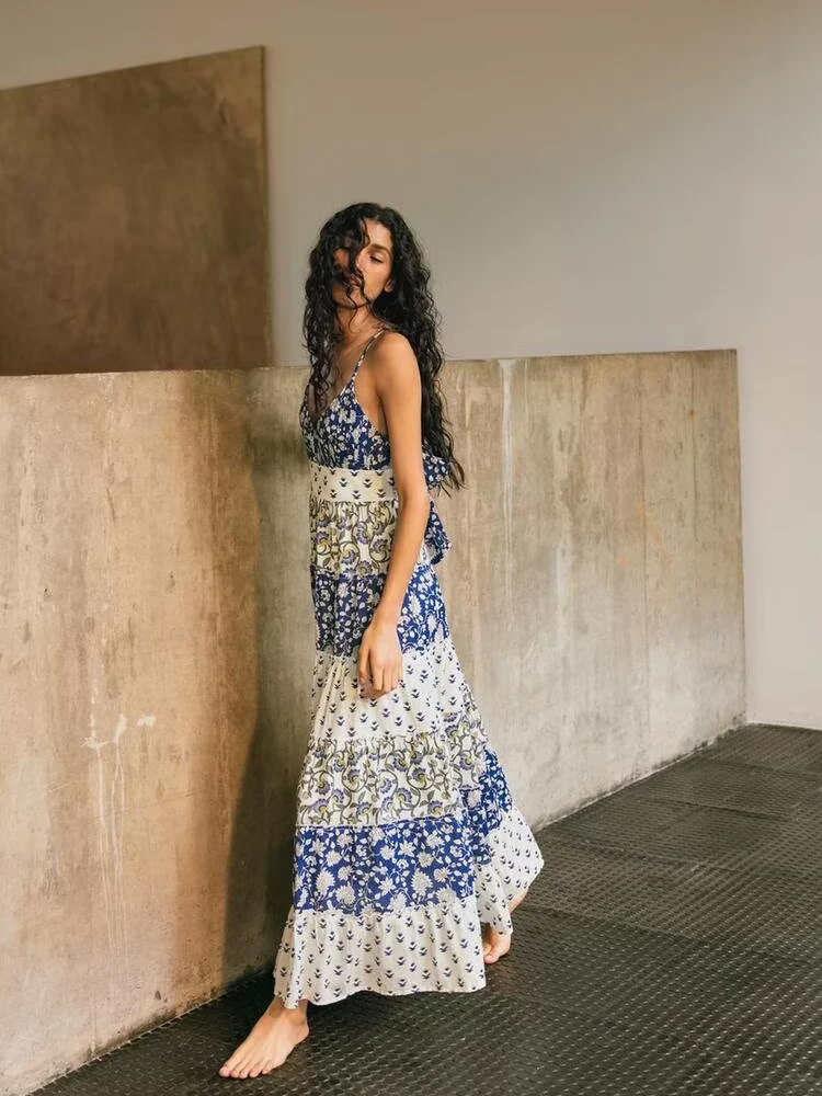 Boho floral impresso maxi vestido de verão feminino em camadas com tiras azul sem mangas arco vocação profundo v praia sexy senhoras vestidos novo