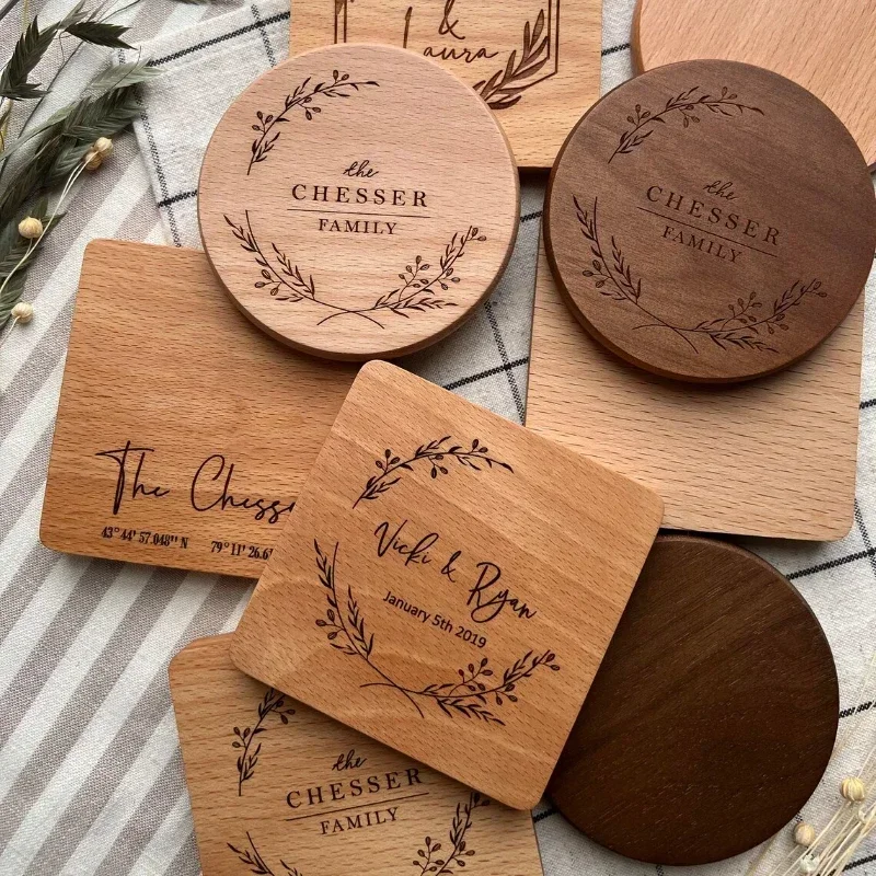 1PCS Free Custom Wood Personalized Coaster Pad Solid Round Square Wood Coasters Tea Coffee Pad Placemats Wedding Christmas Gift