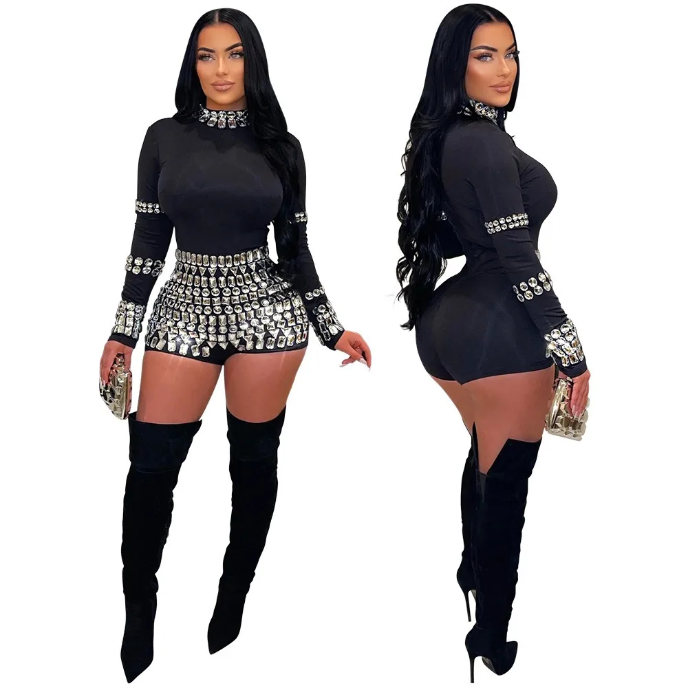 Sexy Nightclub Party Dance Gathering Club Banquet Solid Color Rhinestone-Embellished Slim-Fit Jumpsuit
