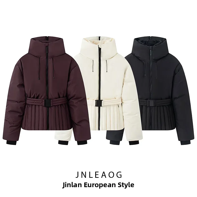 JNLEAOG Summer New Fashion Thickened Ski Jacket Women's Coat with Belt Versatile Design Standard Fit Polyester Zipper Closure