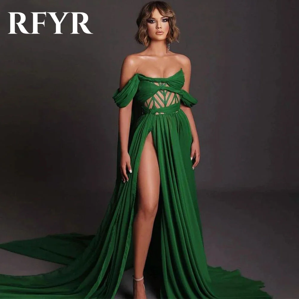 RFYR Green Prom Dresses Beach O-Neck Evening Dresses Off The Shoulder Satin Party Dress with High Split Pleats Vestidos De Noche