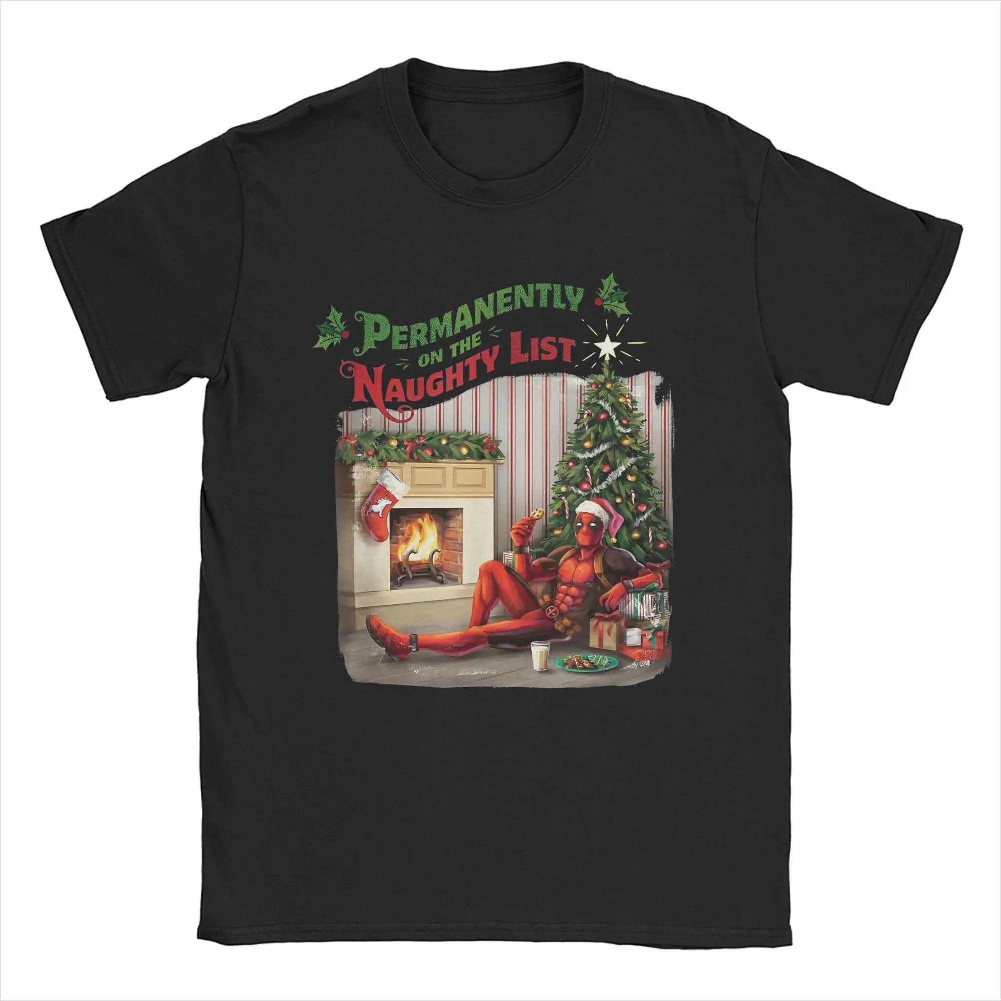 Deadpool Permanently on the Naughty List Holiday T-Shirts Men Christmas Novelty 100% Cotton Tee T Shirts Plus Size merchandise