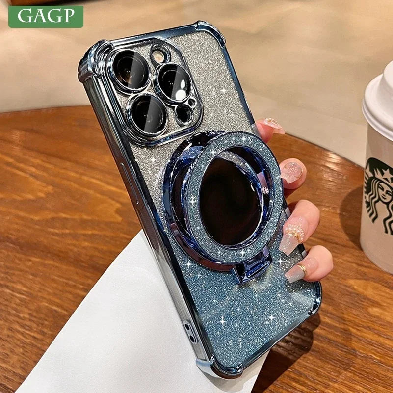 For iPhone 16 Pro Max Luxury Mirror Case Bling Glitter Stand Holder Magsafe Cover Cases for iPhone 11 12 13 14 15 Pro Max Plus