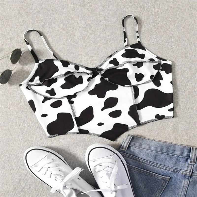 

Black and white cow patterned sexy women's camisole vest with special design of exposed lines, spicy girl short style small cami