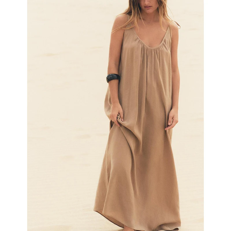 فستان صيفي جديد للنساء بتصميم مطوي وزينة دائرية الرقبة، مريح بدون أكمام، متوسط الطول، فضفاض الخصر، مصنوع من ألياف البوليستر، ...