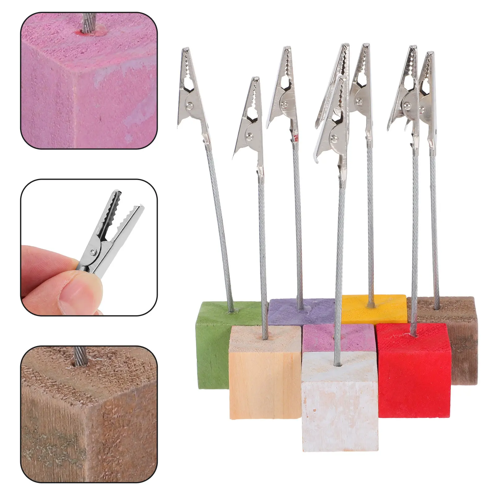 8pcs Ball Base Memo Clip Set – Pine Wood & Stainless Steel Desktop Note Holder for Office, Home, Photos